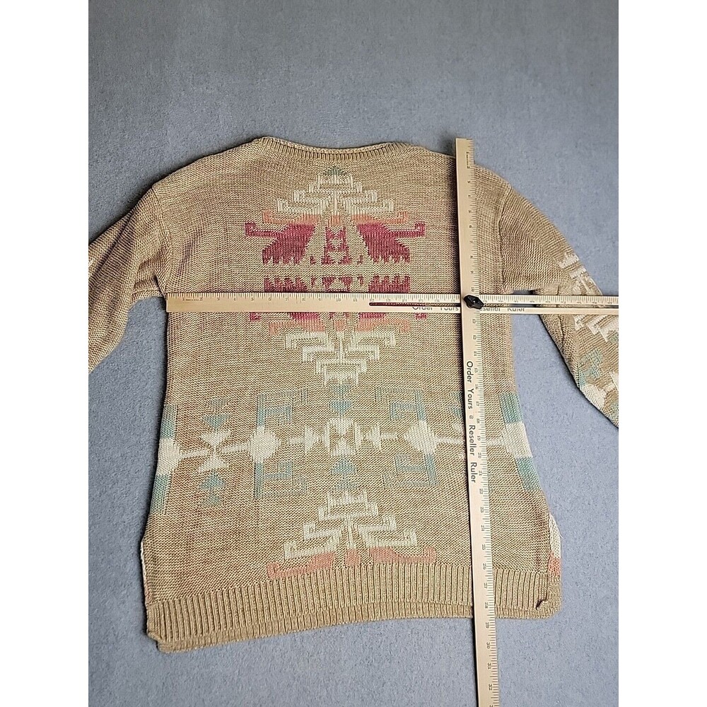 LRL Sweater Womens L Brown Green Pullover Cotton Linen Knit Aztec Preppy Cottage - Picture 11 of 15